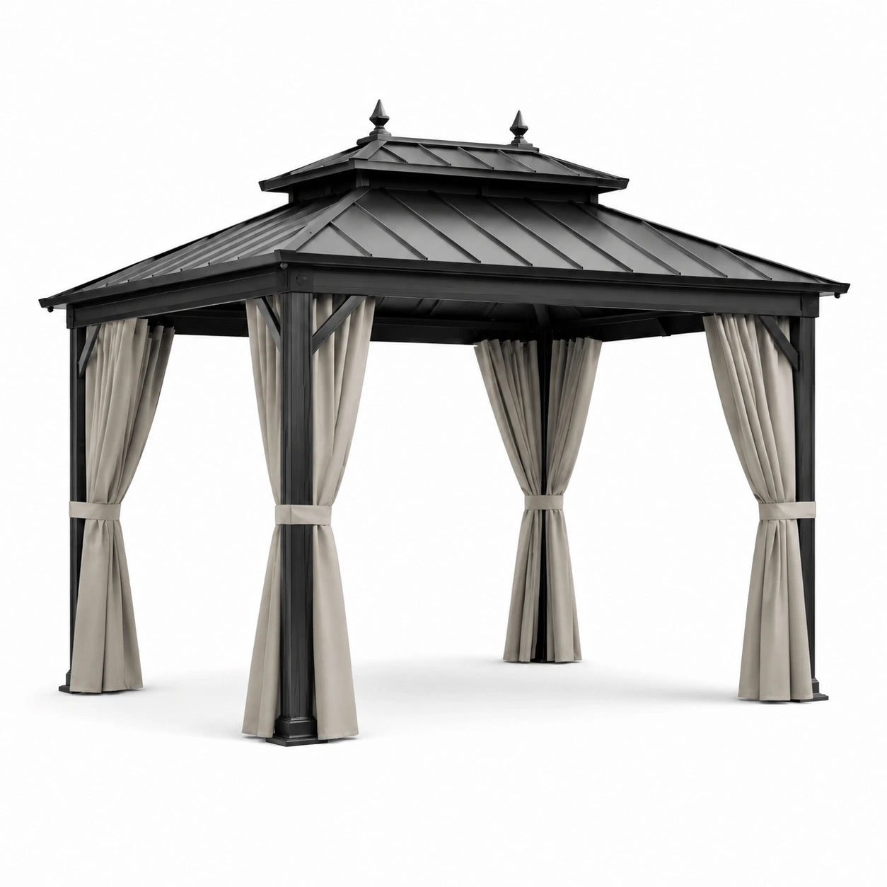 Aluminium- und Stahlpavillon mit Polyester-Vorhängen 300x400 cm grau/sand
