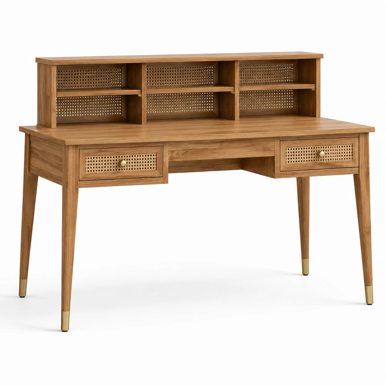 Schreibtisch aus Eichenholz mit Rattan-Regalen und Schubladen, Natur, 120x60x75cm