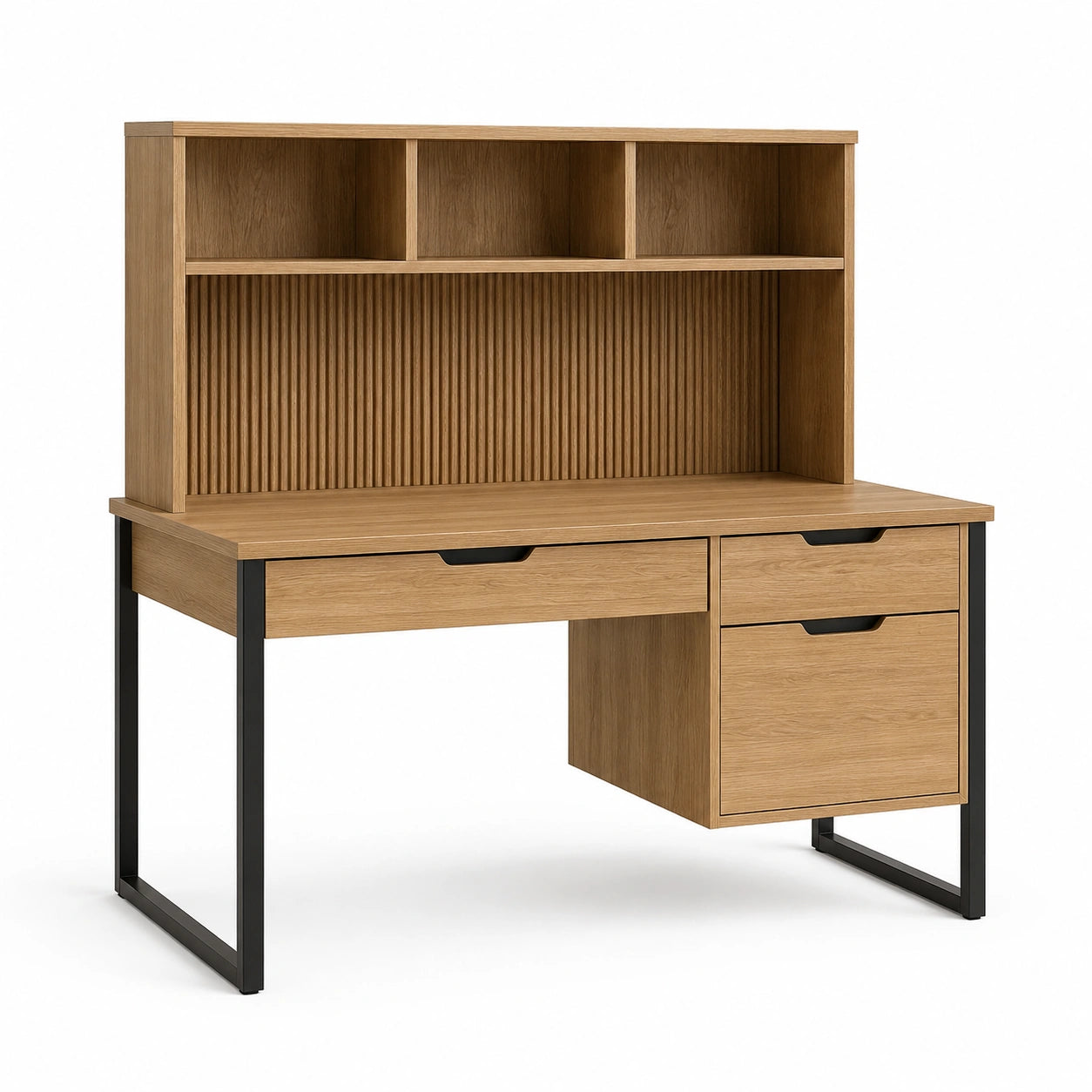 Schreibtisch aus MDF mit Eichenfurnier und Regalen, 150cm breit, Metallrahmen
