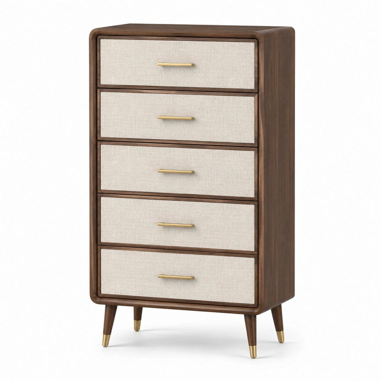 Schubladenschrank aus Walnussholz mit fünf Schubladen Dunkelbraun/Beige