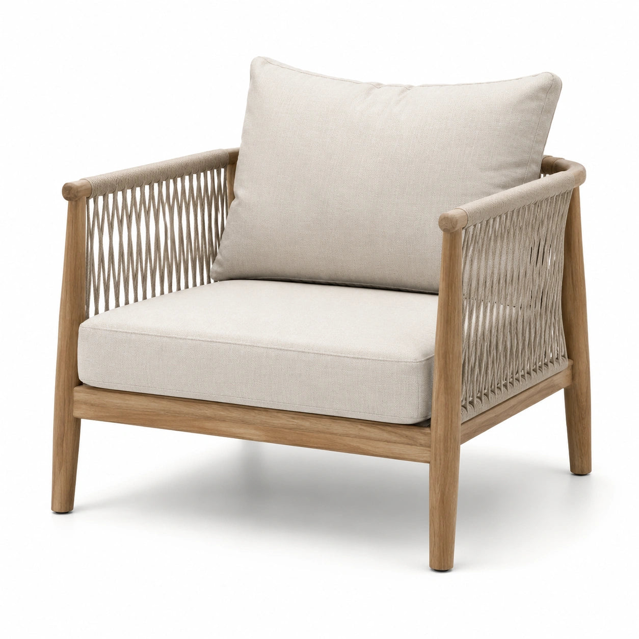 Gartenstuhl aus Teakholz mit Polyesterseil und Bezug in Beige