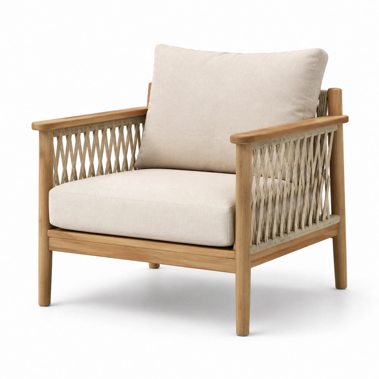 Teakholz Loungesessel mit Polyesternetz und Olefin-Kissen Beige