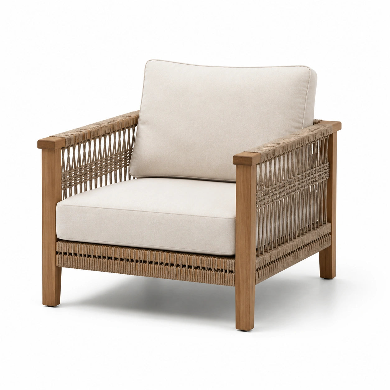 Garten-Loungesessel Teakholz Seilgeflecht Beige