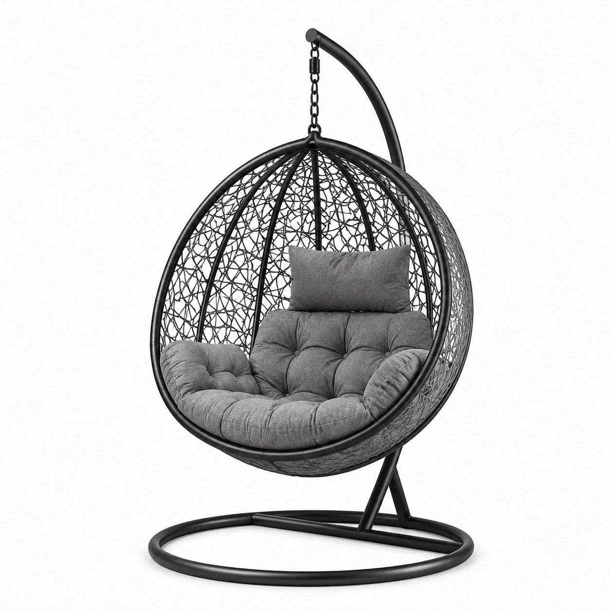 Runder Hängesessel aus Metall und Rattan, Grau