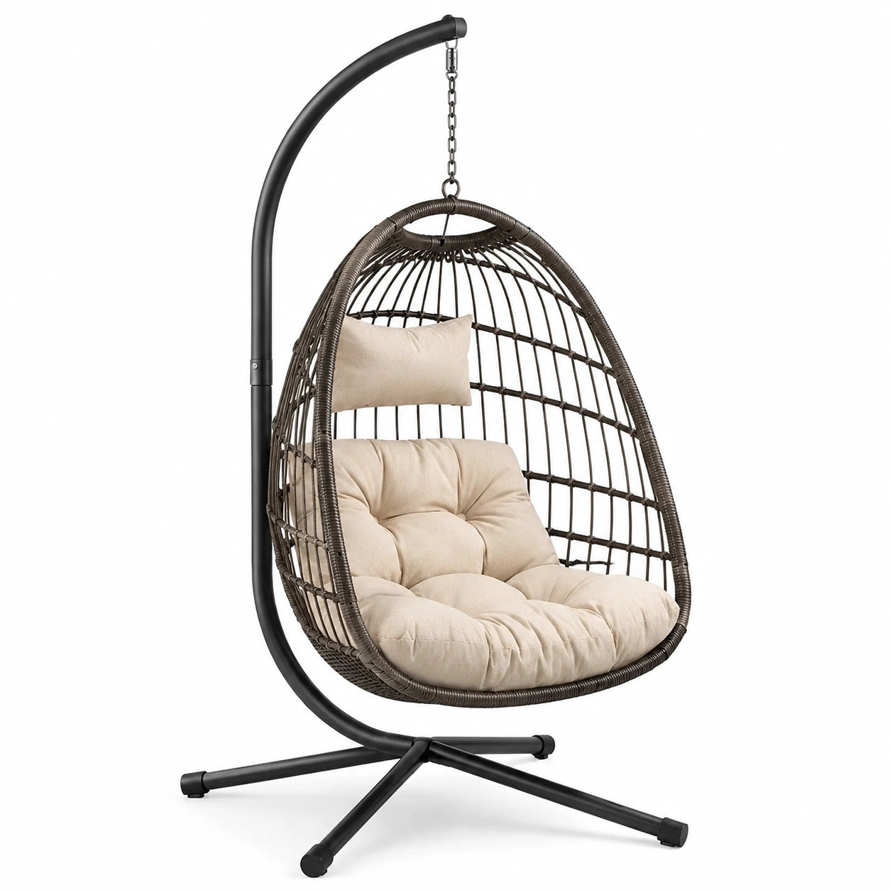 Rattan Hängesessel mit Stahlrahmen und Polyesterkissen in Dunkelbraun und Beige